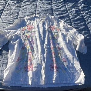 Vintage Erika Linen/Cotton Blend Button Front Floral Embroidered Cream Tunic XL